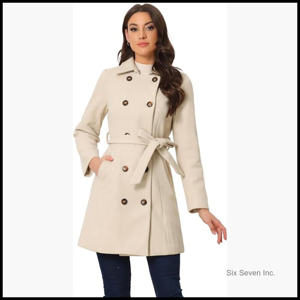 Polyester Pea Coat Double Breasted Belted Trench Coat Women's Outerwear